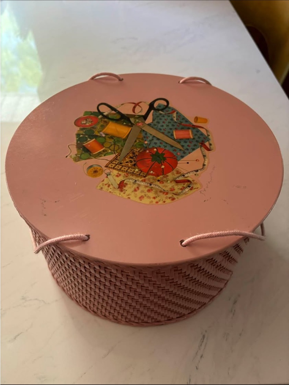 Pink Woven Round Storage Box with Sewing Motif